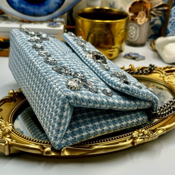 🆕 KURT GEIGER LONDON 🧿 NWOT Blue & White Houndstooth Kensington Bag, Crystals - Picture 9 of 16